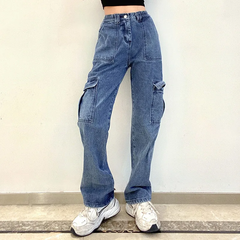 WeiYao Women Elastic Waist Jeans Y2K Streetwear Wide Leg Denim Cargo Jean Pants Loose Pockets Cotton Baggy Trousers femme 2022