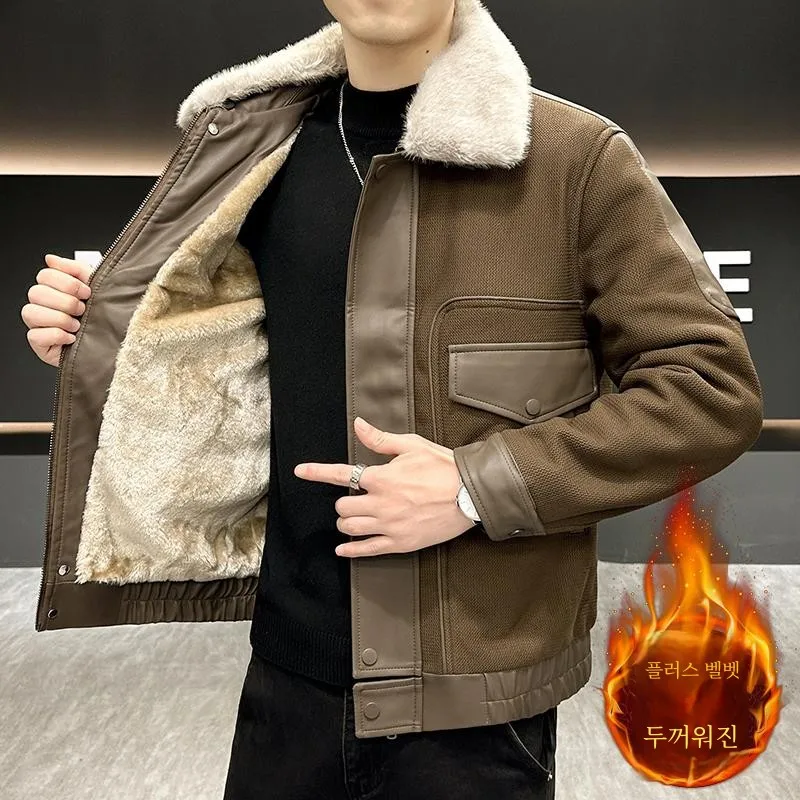 Мужское кожаное пальто молодежное зимнее модное на флисовой подкладке модная