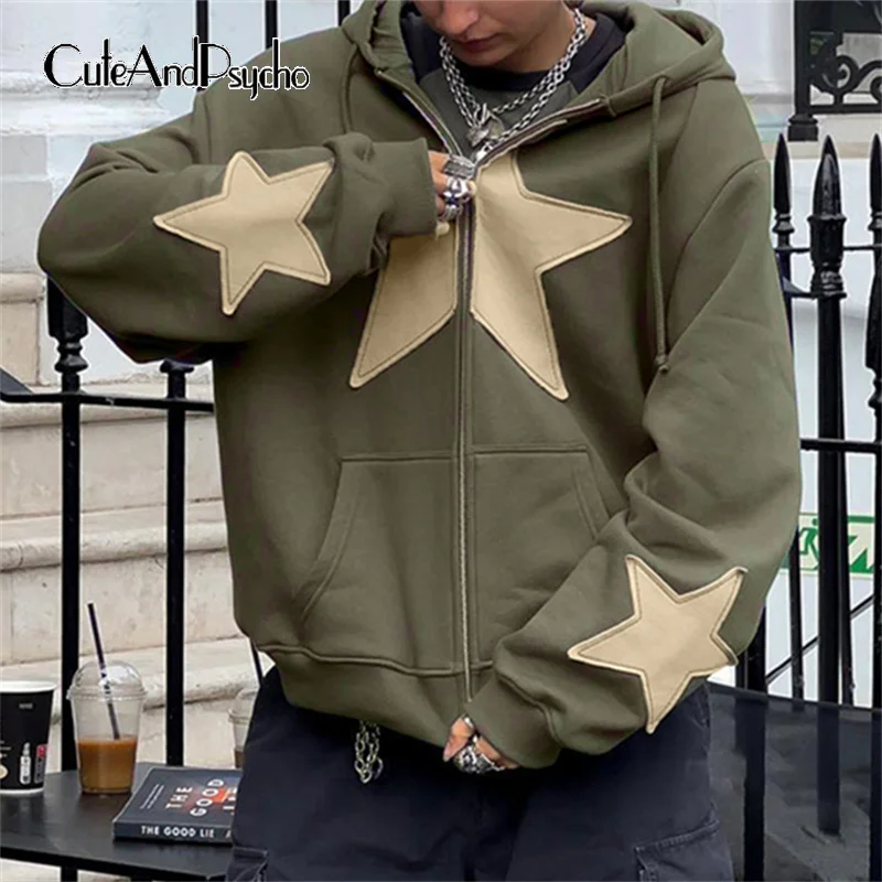 

Cuteandpsycho Star Patchwork Y2K Hooded Jackets Vintage Front Pockets Harajuku Outwears Fairycore Zip Up Grunge Autumn Clothes