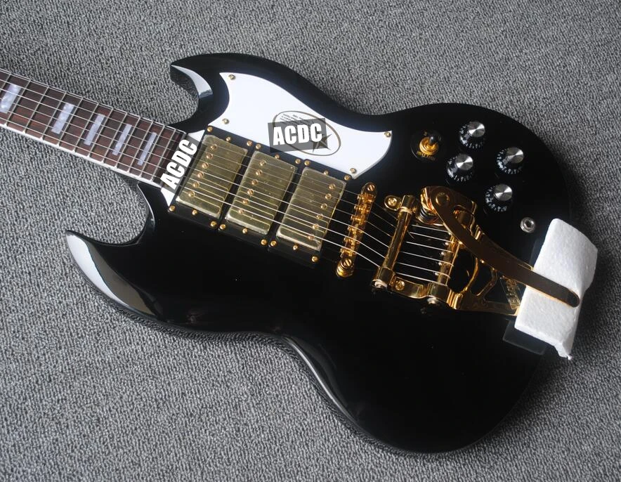 

Custom Double Cutaway Gloss Black SG Electric Guitar 3 Humbuckers Pickups, Bigs Tremolo Bridge, Gold Hardware, White Pickguard