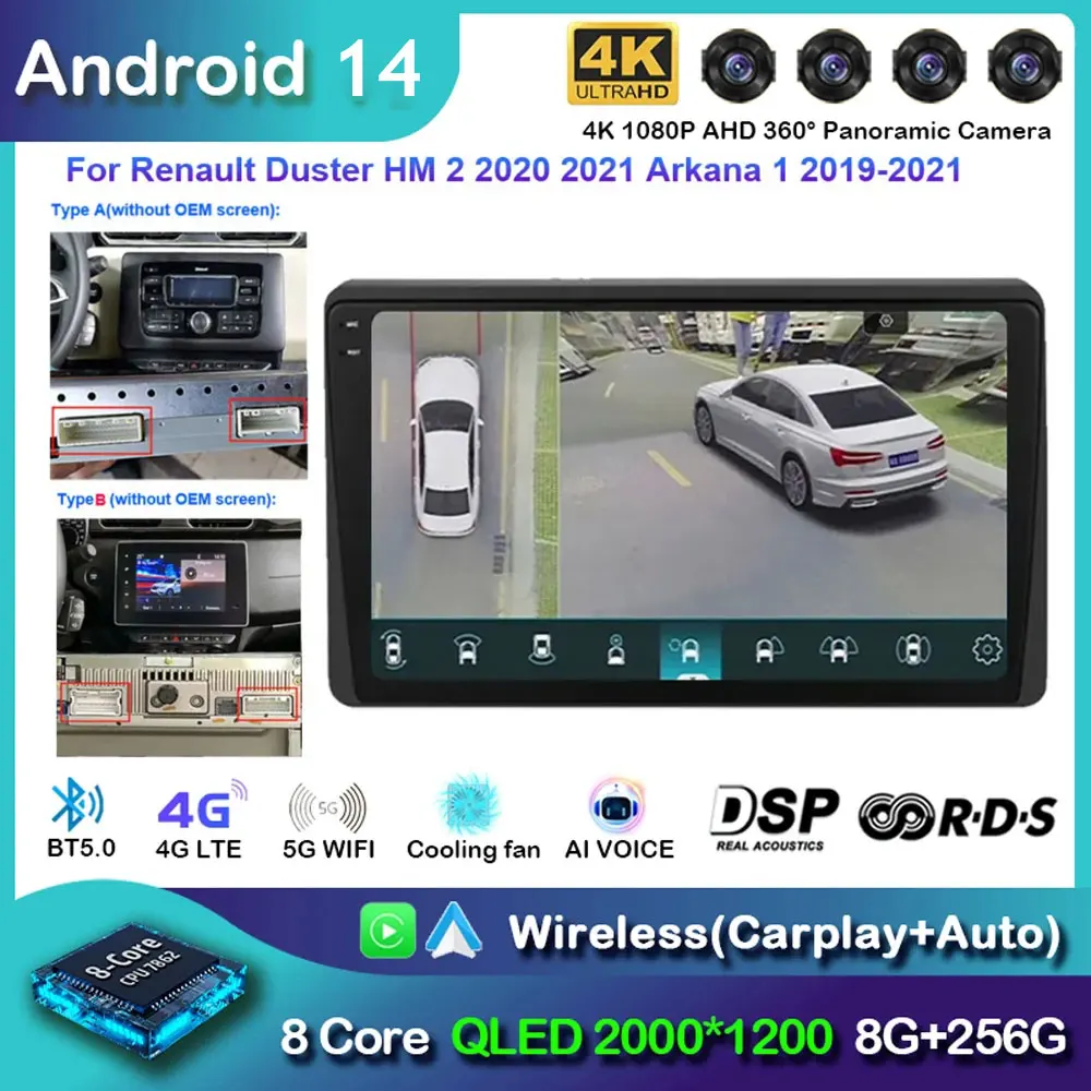 2din Android 14 Автомобильный радиоприемник для Renault Duster HM 2 2020 2021 Arkana 1 2019-2021