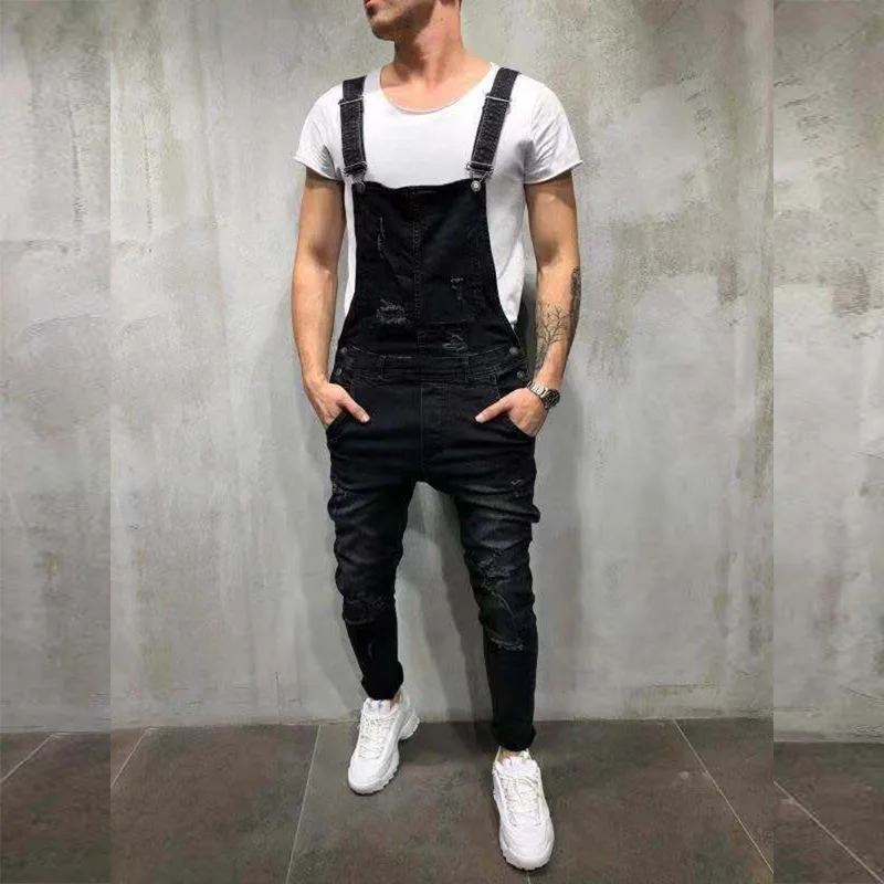 Mens Jeans Holes Trousers Spring Autumn New Bibs Cargo Pants Overalls Full Length Denim Jumpsuits Mameluco Hombre Trabajo