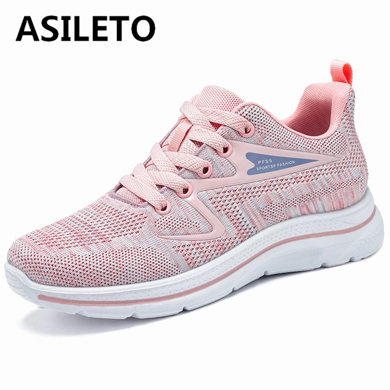 

ASILETO 2022 Women Sneakers Flats Breathable Mesh Lace-Up Sports Shoes Large Size 35-44 Colorful Pink Black Leisure Spring S3513
