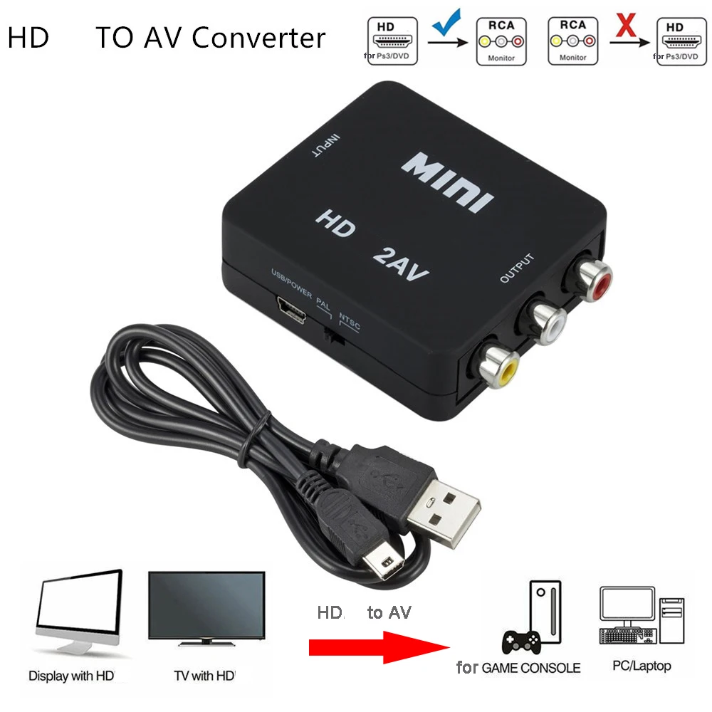 Конвертер с AV на HDMI-совместимый адаптер Full HD 1080P RCA Мини Композитный CVBS