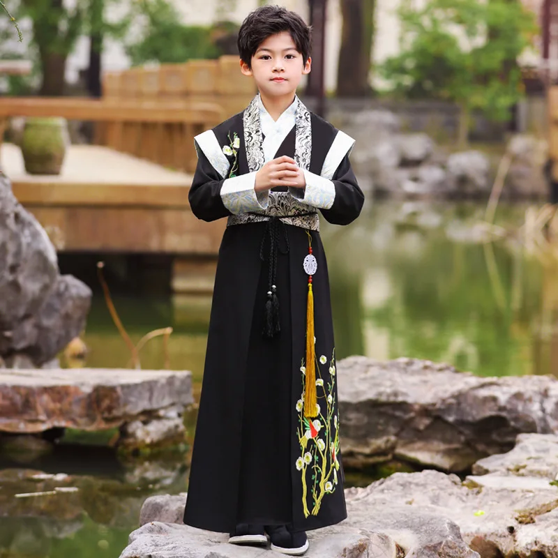 

Восточная Черная Цветочная вышивка ханьфу, костюм Тан для выступлений на сцене, традиционные танцевальные костюмы для китайских мальчиков в стиле ретро