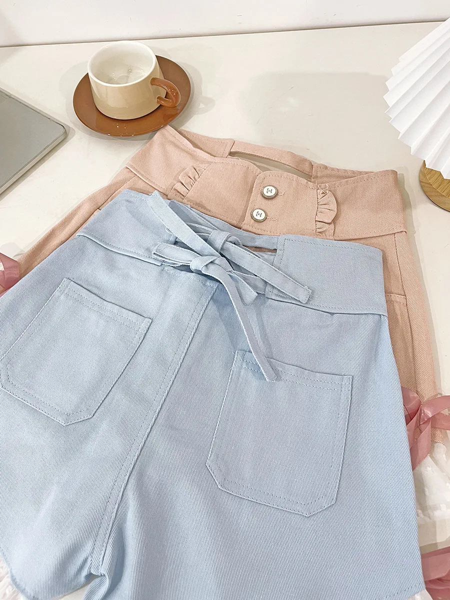 2023 New Summer Sweet Bow Stitching Women's Casual Shorts Pants Contrast Color A- Line High Waist Slimming Pink Denim Shorts