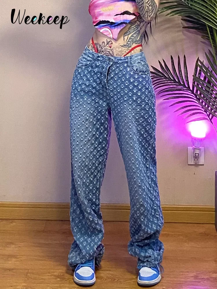 

Weekeep Fashion Plaid Hollow Out Streetwear Jeans Women Club High Waist Button Fly Straight Pants Korean Baggy Denim Holes Pants