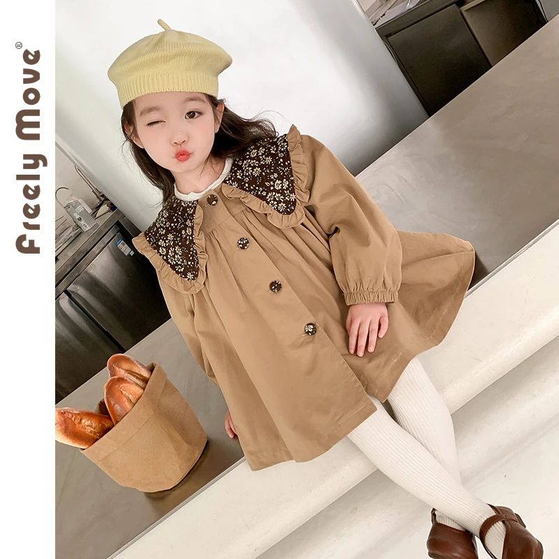 

Freely Move 2023 Girls Fashion Trench Children's Clothing Children Floral Turn-down Collar Long Trench Baby Girls Windbreaker