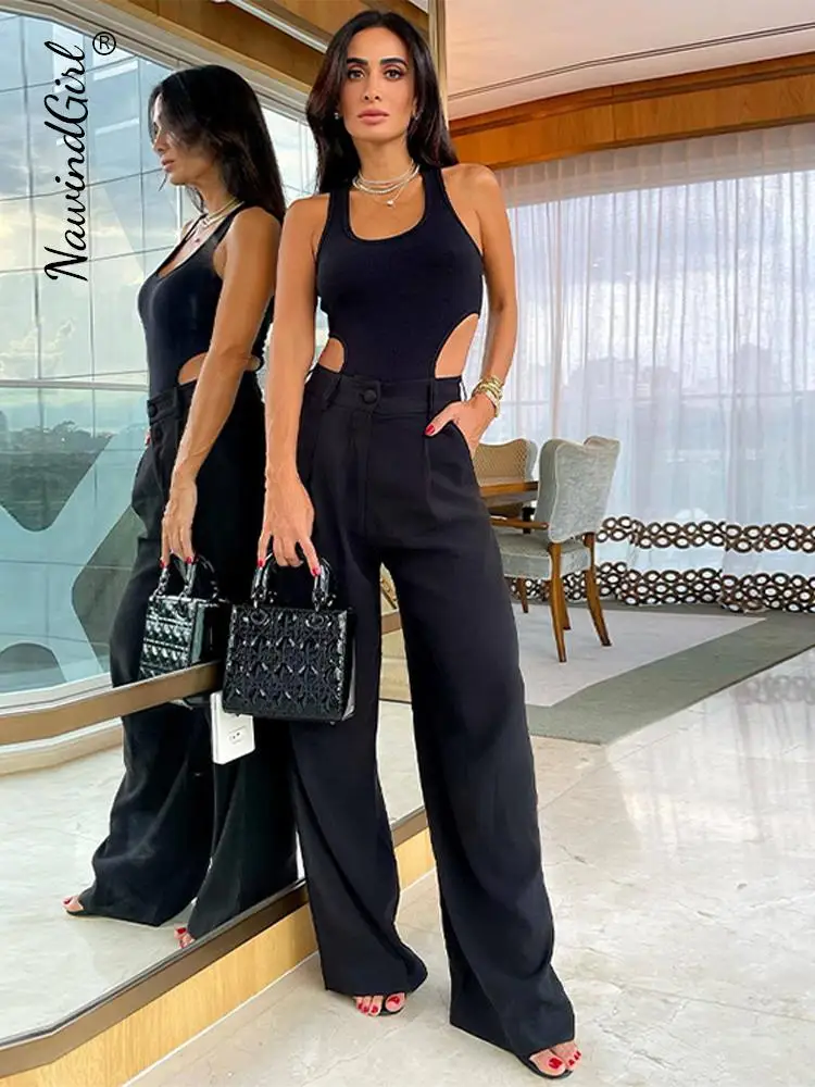 

Sexy Hollow Out Black Slim Jumpsuit Women 2023 Summer Casual O-neck Sleeveless Pocket Button Trousers Suit Female 2 Piece Sets