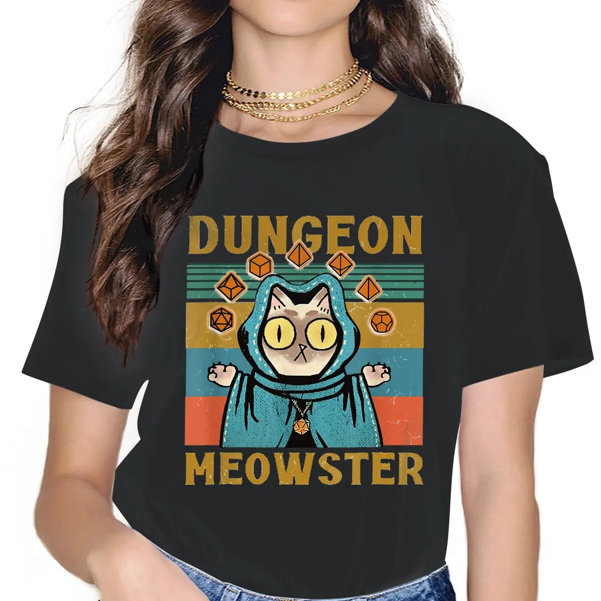 

Dungeon Meowster Funny Nerdy Gamer Cat D20 Dice Women T Shirt DnD Game Vintage Tees Short Sleeve Crewneck T-Shirt Gift Idea