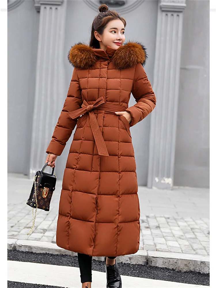 Parkas Coat Women Black Knee Length Down Cotton Coats 2022 Winter New Fashion Big Fur Collar Hooded Thick Warmth Clothing Female