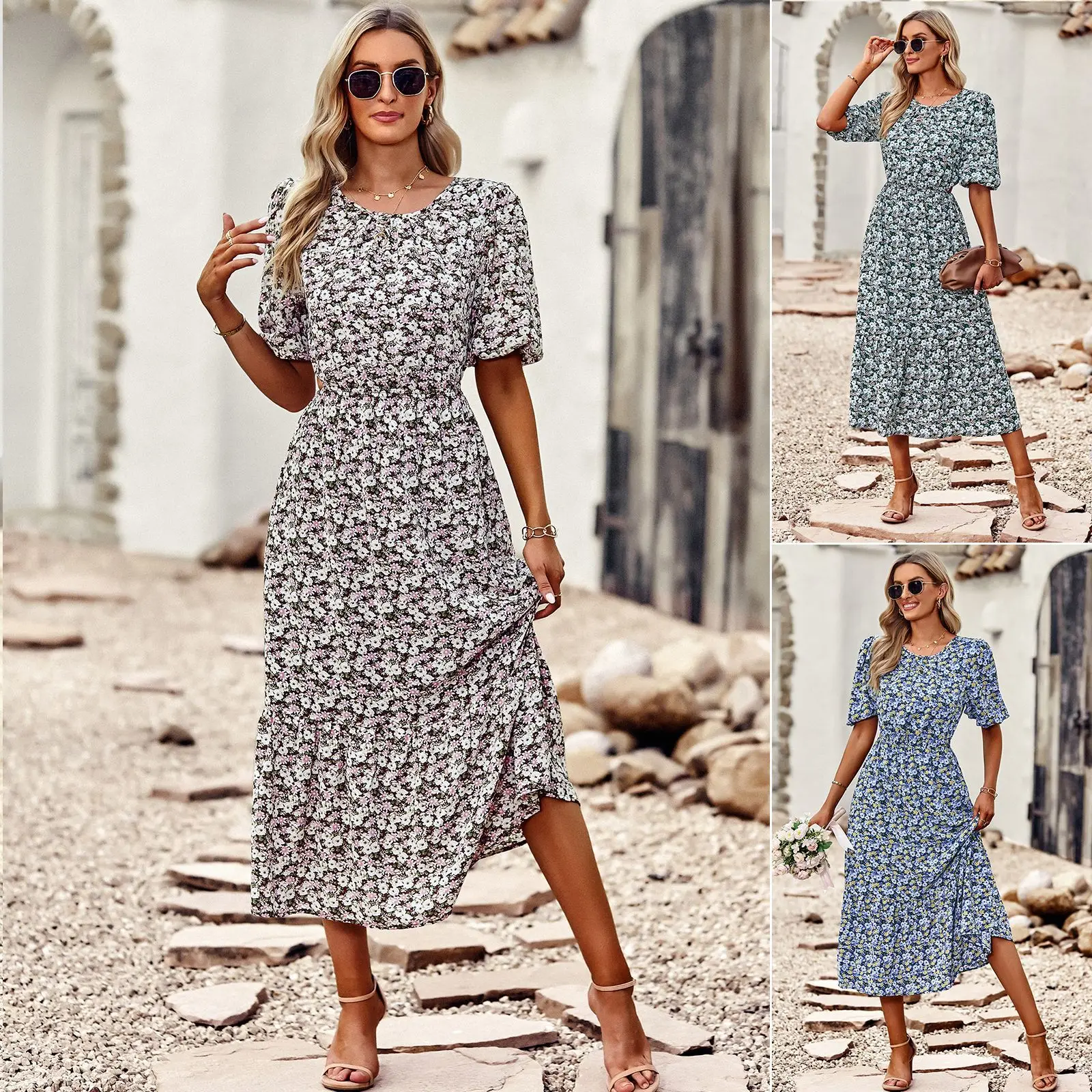 

Round Neck Printed Dress 2023 Spring/Summer Waistband Style A-line Skirt