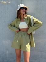 clacive fashion office lady shorts suits casual green cotton female set autumn long sleeve blouse 2 piece sets womens outfits