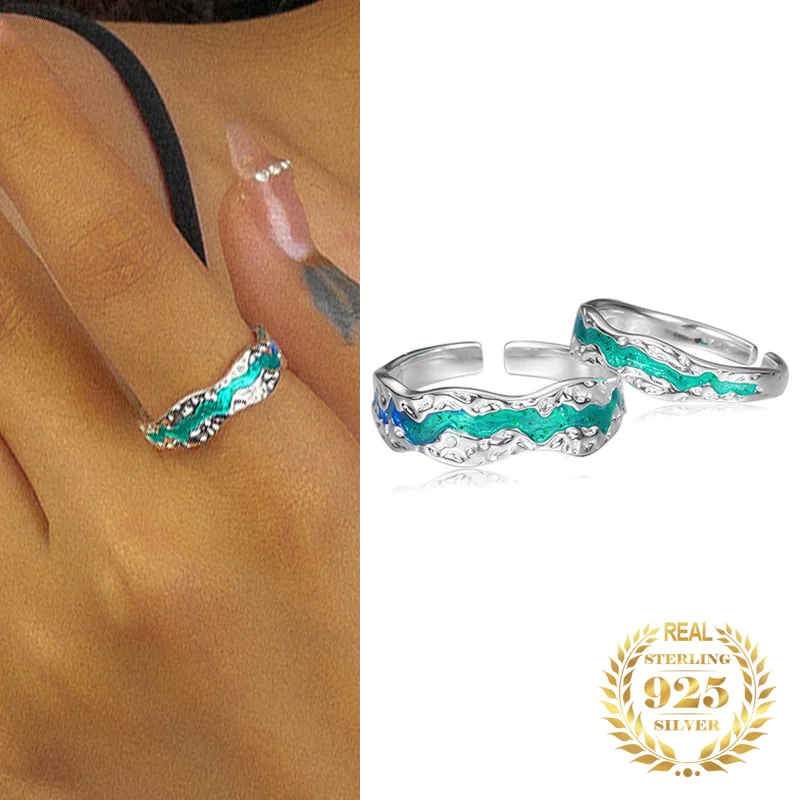 

Women Couple Rings 925 Sterling Silver Jewelry Set Gradient Starry Sky Men Enamel Design Pleated Size Adjustable Lover's Rings