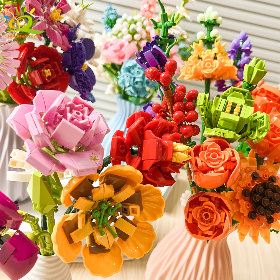 Модель строительных блоков HUIQIBAO MOC цветок 3D букет растения Подсолнух розы