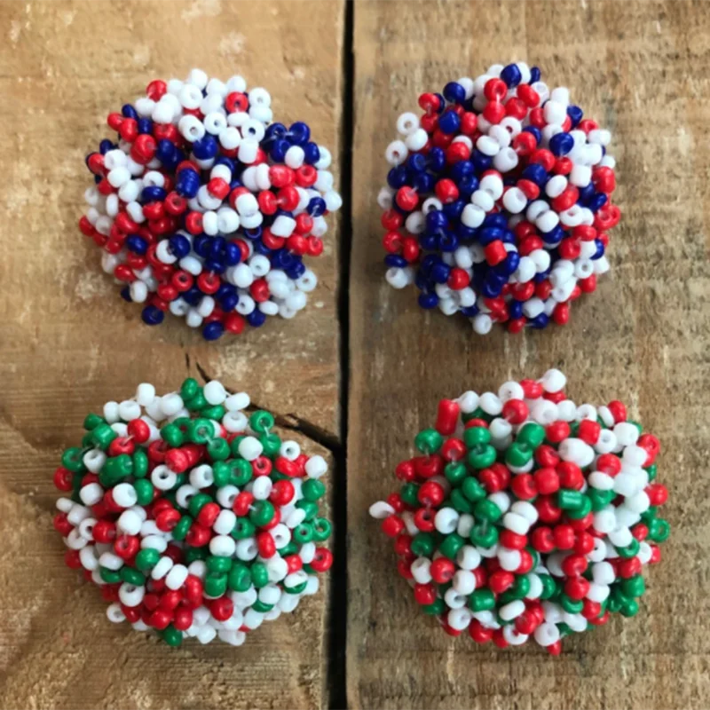 

30mm Large Circular Seed Bead Dome Earrings 4th of July Red White & Blue Stud Earrings Boho Beadwork Party Jewelry Bohemian K-5B
