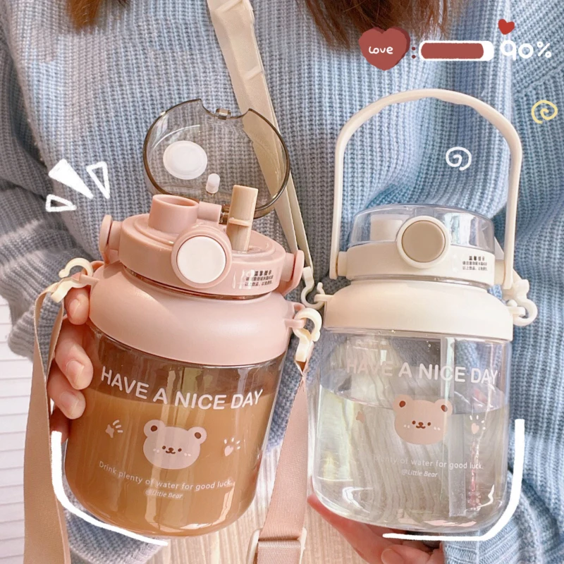 

Large Capacity Mug With Cup Strap Portable Outdoor Kettle Sports Tumbler Cute Fitness Jug Two Ways To Drink 1/1.3L Water Bottle