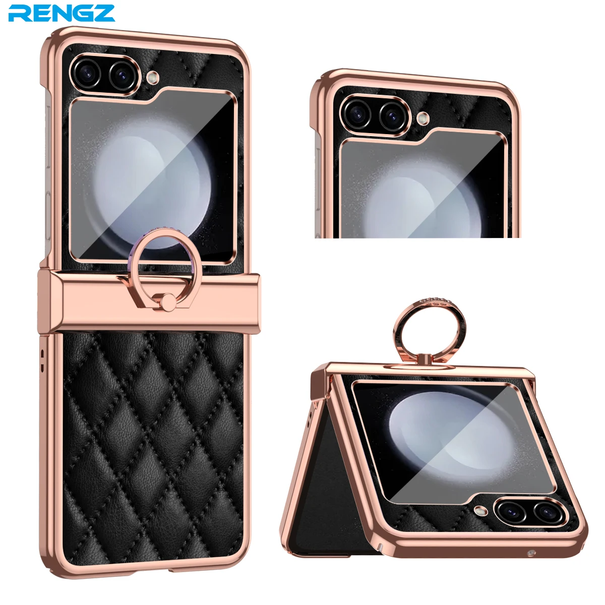 

RENGZ Ring Holder Hinge Protection Leather Case For Samsung Galaxy Z Flip 5 5G Small Fragrant Wind Shockproof Cover for Z Flip5