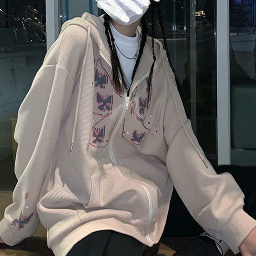 

Sweater Jacket Female Ins New Style Polyester White Spandex Loose Hooded Top Oversized Pocket Women Sleeve Pullover