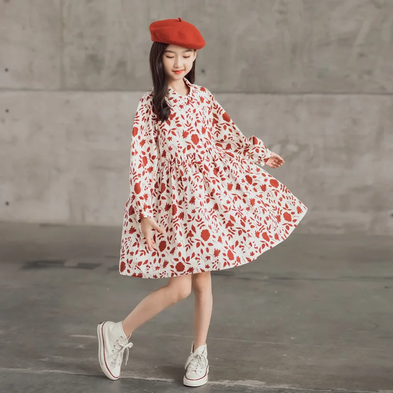 

6-16 T New Year 2022 Girls Spring Dress Long Sleeve Knee Length Cotton Floral Kids Dress Teenager Girl Clothing with Pocket
