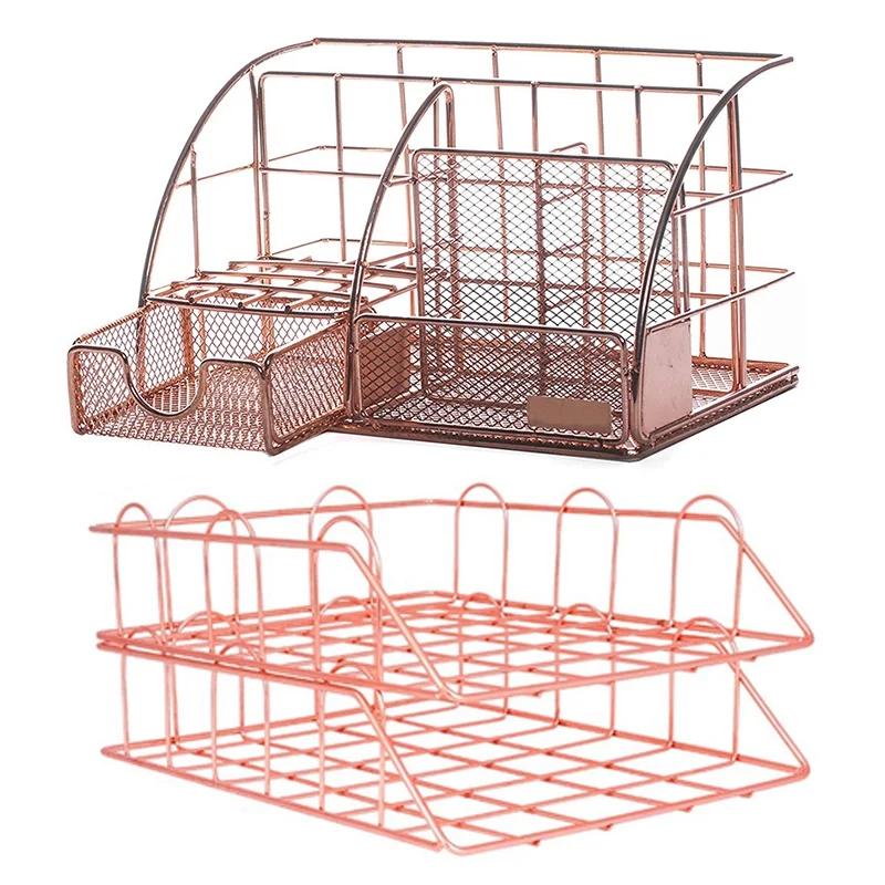

1X розовый золотистый Настольный ящик для хранения для женщин, многофункциональный Настольный ящик для хранения, с держателем для ручек и 1 н...