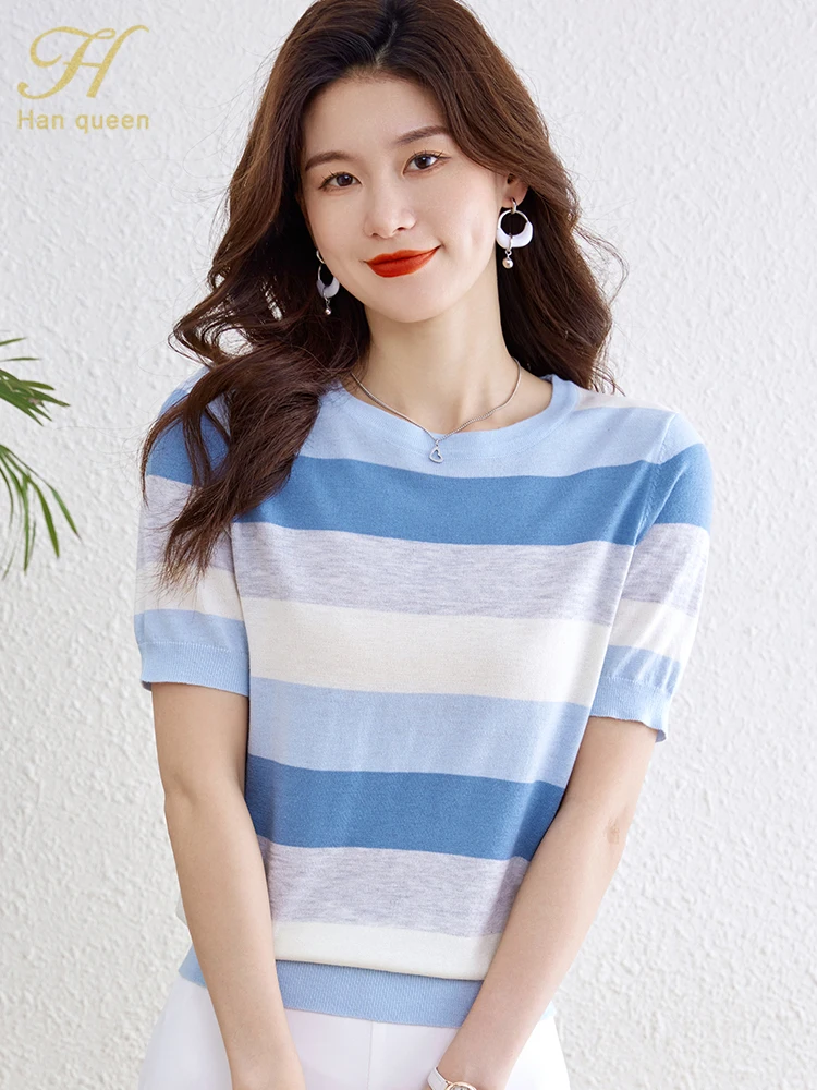 

H Han Queen Summer Short-Sleeved Striped Knit T-Shirts Simple O-Neck Vintage Tops Elegant Fashion Office Casual Loose Women Tees