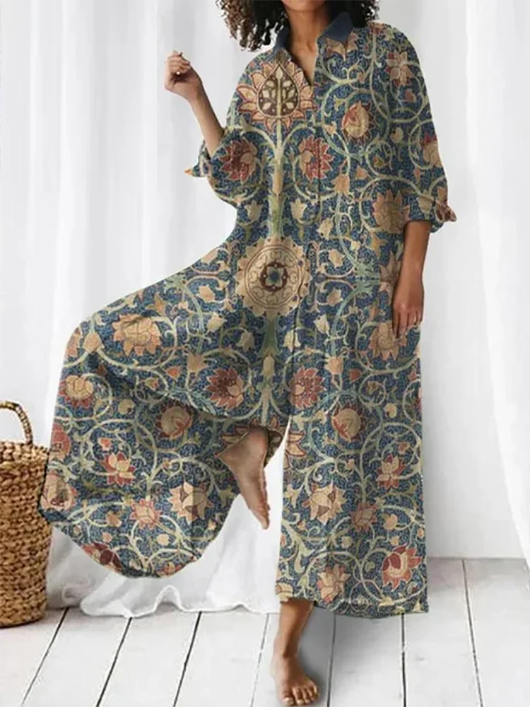 

New Wide Leg Pants Vintage Spring Summer Women Playsuits Loungewear Printed Button Fashion Three Quarter Sleeve Ladies Jumpsuits