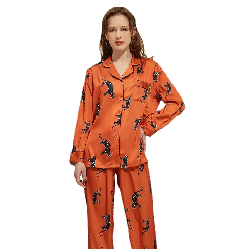 Autumn Winter Women 2-Pieces Pyjamas Elegant Animal Patterns Sleepwear Silk Satin Print Luxury Nightwear Homewear Set