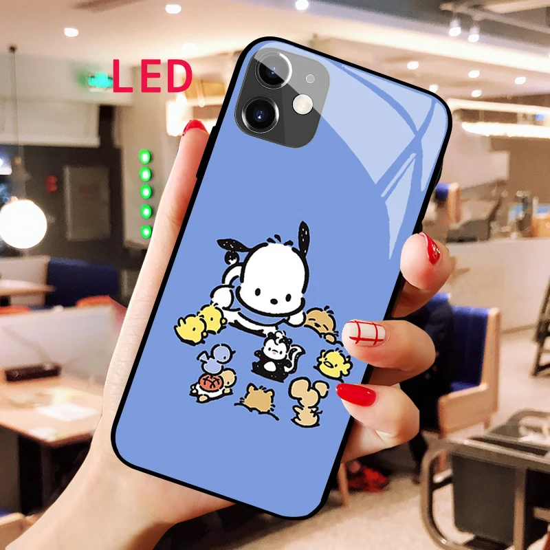 

Pochacco Luminous Tempered Glass phone case For Apple iphone 13 14 Pro Max Puls mini Luxury Fashion RGB LED Backlight new cover