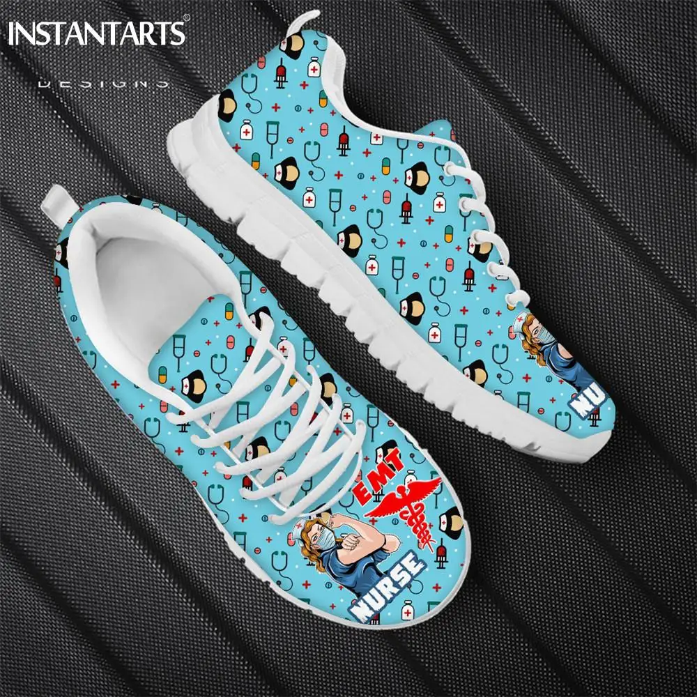 

INSTANTARTS Paramedic EMT EMS/Nurse Blue Women's Shoes Flats Casual Sneakers Nursing Lace-up Air Mesh Female Light Zapatos Mujer