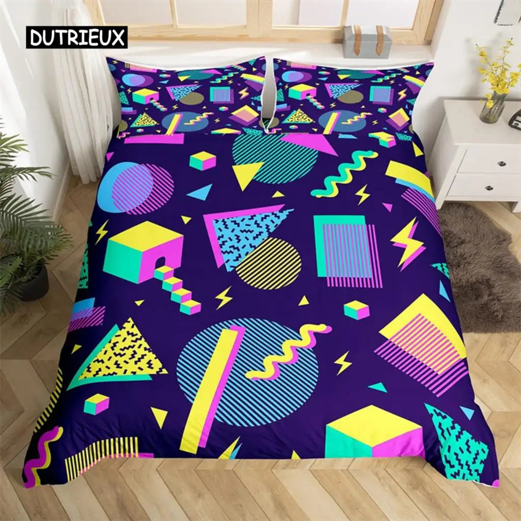 Psychedelic 3D Geometric Duvet Cover Microfiber Colorful Pop Abstract Art Comforter Retro 80s Style Bedding Set Queen Size