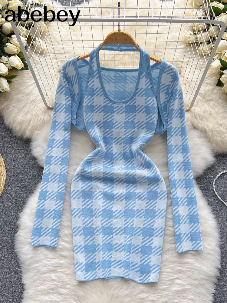 

Комплект из двух предметов, женское платье-свитер, Осень-зима, вязаный комплект с высокой талией, женские Вечерние Платья-мини, элегантные о...