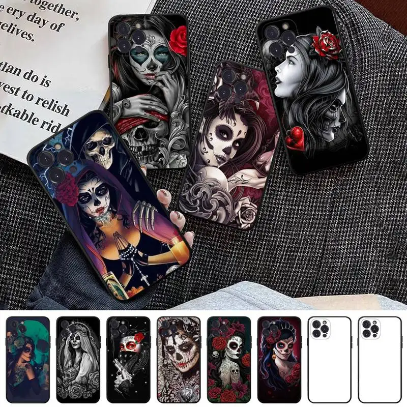 

FHNBLJ Mexican Skull Girl Phone Case For iPhone 13 Pro MAX 14 11 12 Mini X XS XR 6 7 8 Plus SE 2020 Soft TPU Cover