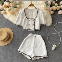 black white suit shorts with blouse shirt for women and puff sleeve top summer 2 two piece set women classic tracksuit casual