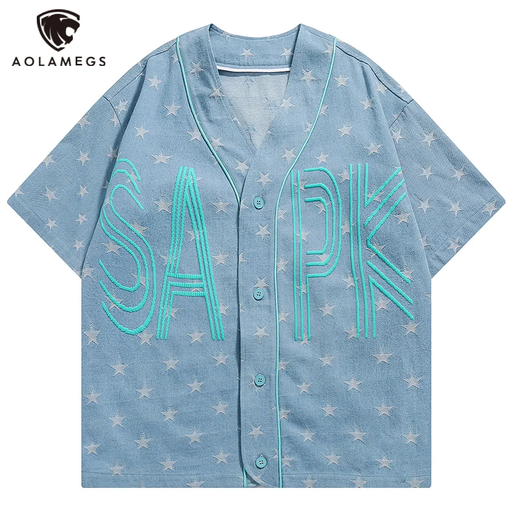 

Aolamegs Men's Shirt Letter Embroidery Funny Graphic V-Neck Jean Short Sleeve Tops Cozy Casual High Street Unisex Men's Clothing