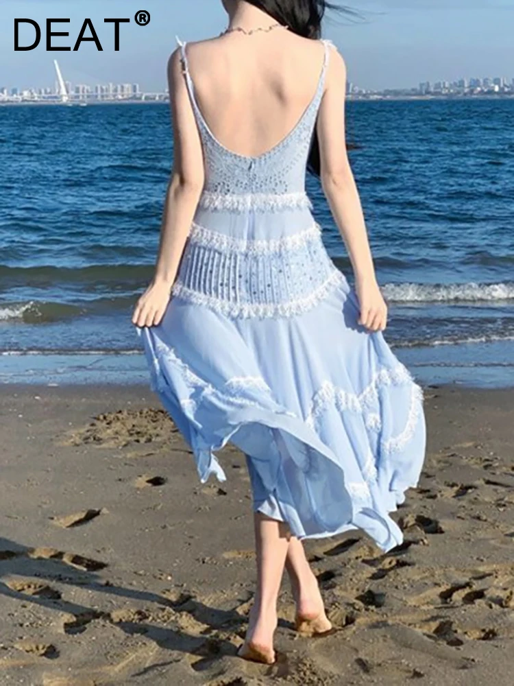 

Женское платье без рукавов DEAT, свободное плиссированное платье в стиле пэчворк, с открытой спиной, модель 13DB2384 на лето, 2023