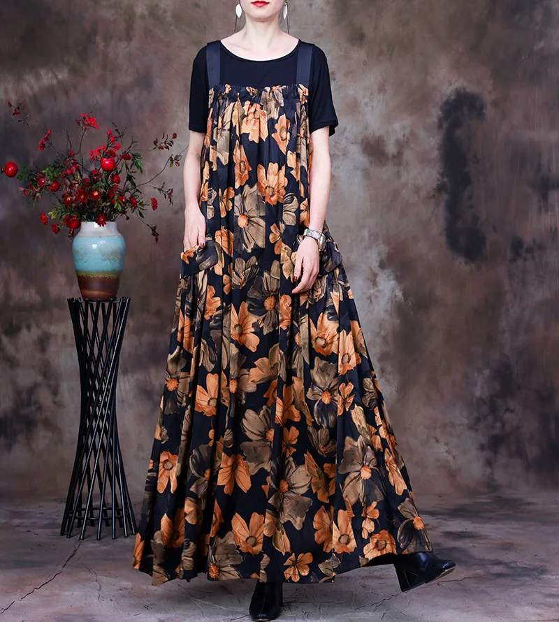 

Summer Casual Boho Long Spaghetti Dress New Women Loose U-neck Floral Print Maxi Dresses 2022 Vintage Silk Vestidos with T shirt