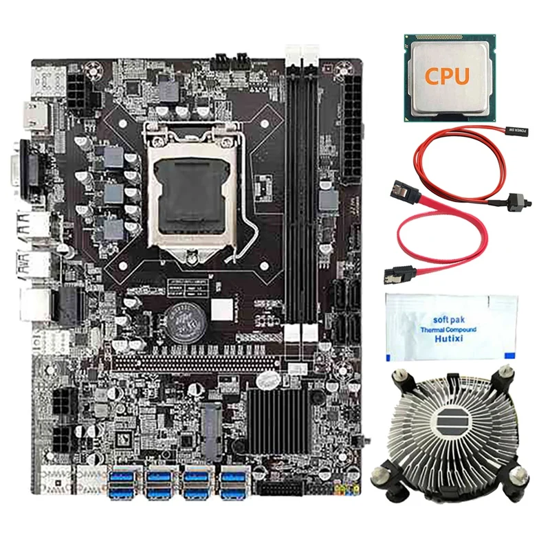 

B75 BTC Mining Motherboard With Random CPU+Fan+Thermal Grease+SATA Switch Cable 8 USB3.0 Slots LGA1155 DDR3 RAM SATA3.0