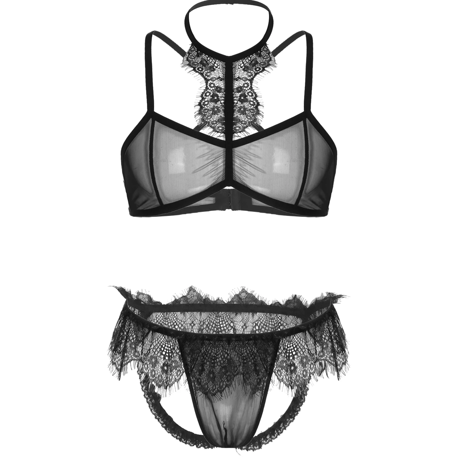 

Sissy Men's Lingerie Set Erotic Transparent Sheer Mesh Nightwear Halter Neck Straps Bra Top Briefs Gay Underwear Sexy Costumes