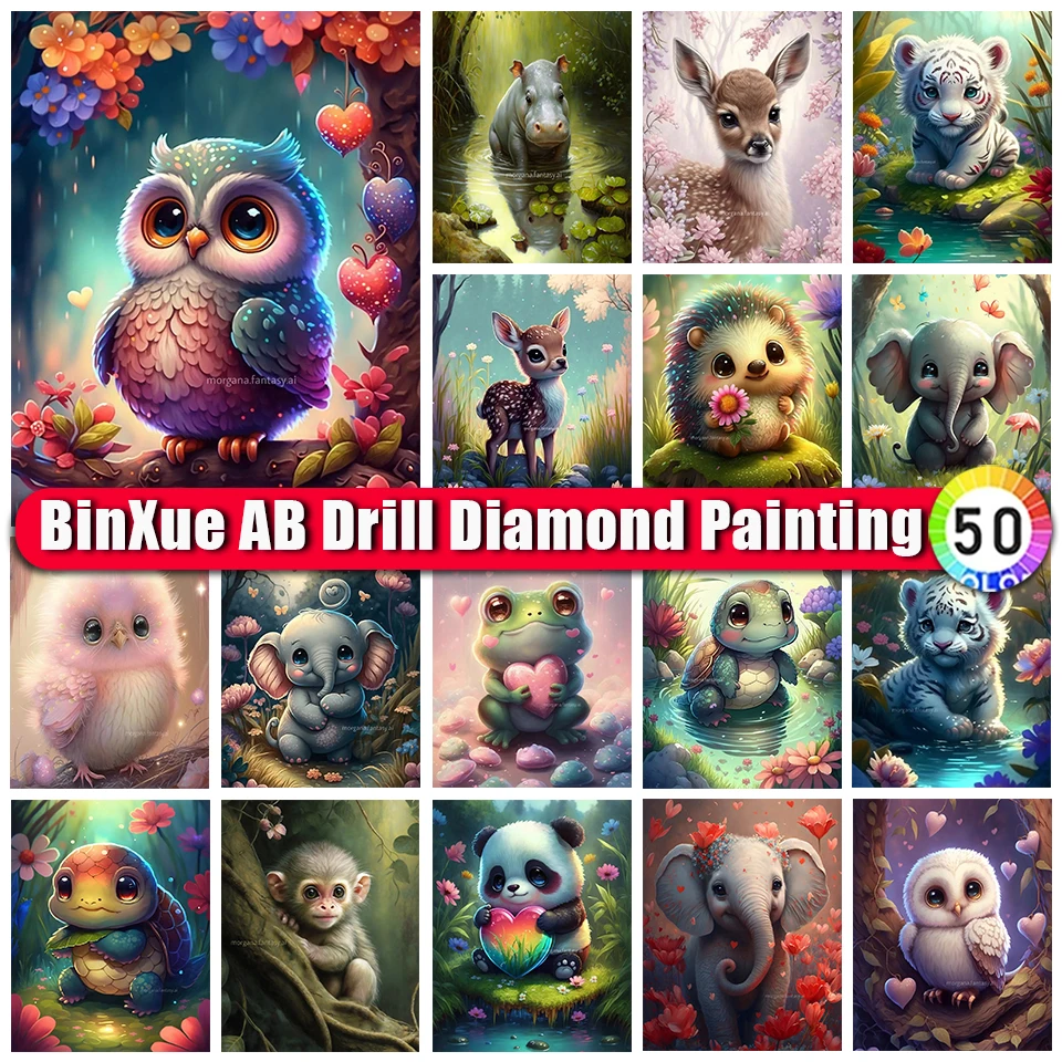 

BinXue Cartoon Owl AB Diamond Painting Turtle Panda Cross Stitch Handmade DIY Elephant Tiger Hippo Mosaic Art Home Decor Gift