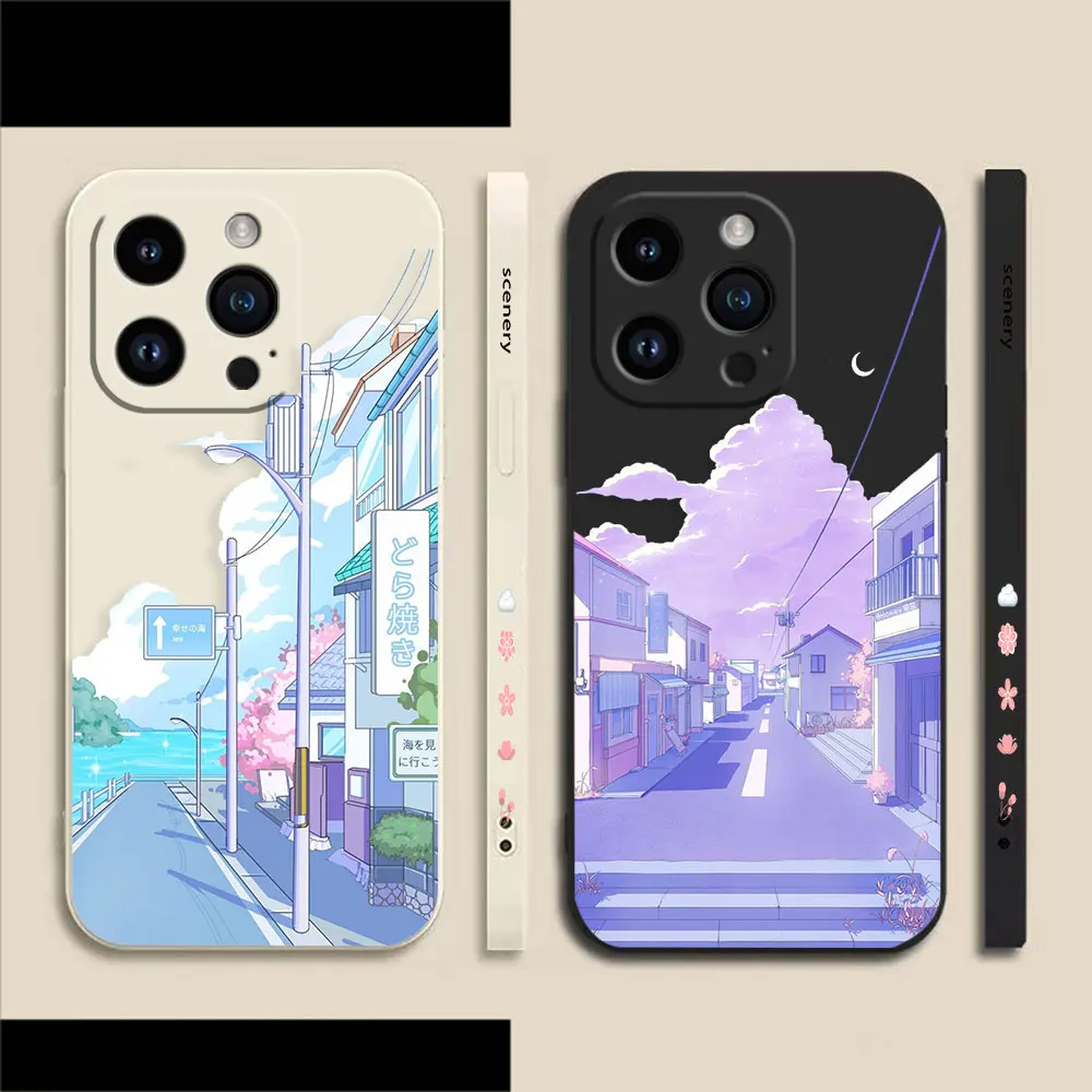 

Japanese Street Small Fresh Scenery Case For Apple iPhone 14 13 12 11 Pro XS Max Mini X XR SE 7 8 6 6S Plus Colour Liquid Case