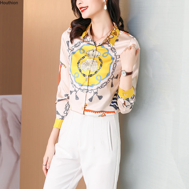 

Summer Autumn New Women's Blouses Polo Shirt Long Sleeve Top Stitching Printing Satin Casual Fashion Female Clothes