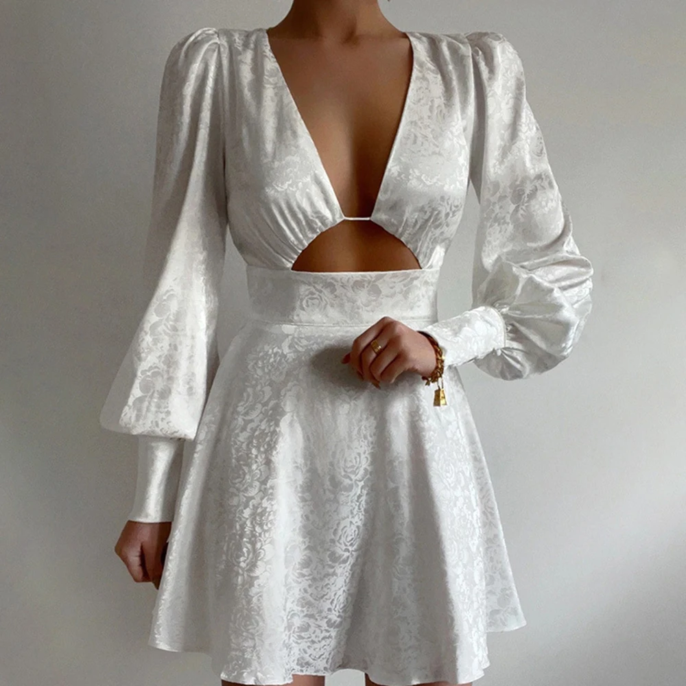 

European And American Short Dresses For Women 2023 Autumn New Temperament Sexy Printed Satin Hollow Lantern Sleeve Dress