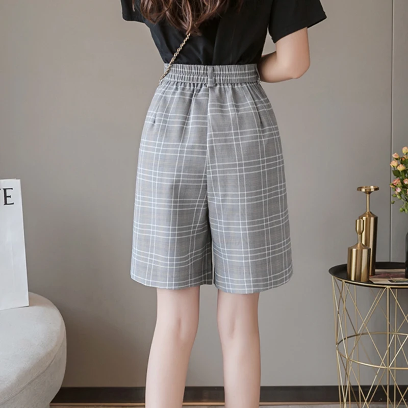 Women Summer Elegant All-match Loose Straight Shorts with Belt Female High Waist Vintage Plaid Wide Leg Suits Shorts Office Lady