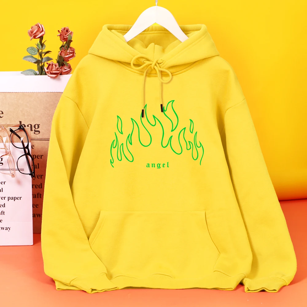 

Angel Green Fire Printing Hoodie Female Fashion Oversized hoodies Autumn Daily Hooded All-Match Casual Outdoor Streetwear Woman