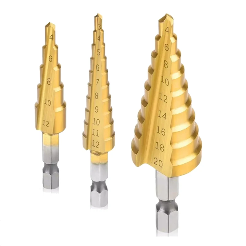 

HSS Step Drill Bit Set Of 3, 3-12Mm 4-12Mm 4-20Mm Cone Titanium Wood Metal Hole Cutter Hex Shank Drive Quick Change Tool