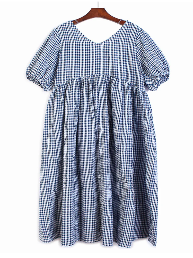 

Women Blue Plaid Vintage Midi Dress New V-Neck Short Puff Sleeve Loose Fit Fashion Tide Spring Summer 2022 M165