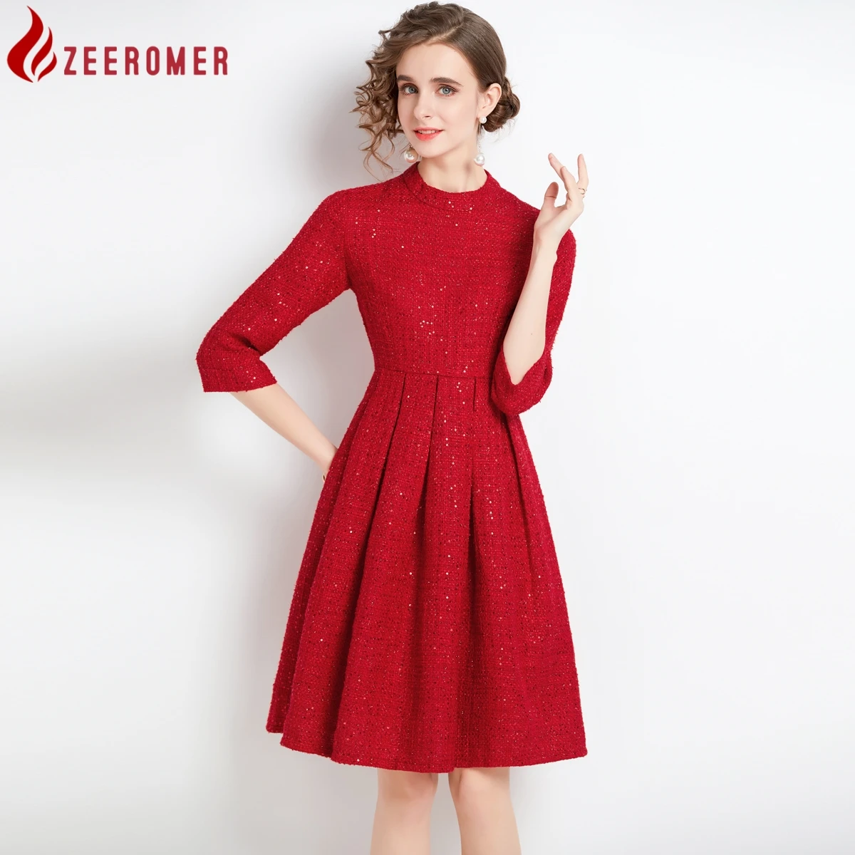 

2022 New Autumn Winter Elegant Red Tweed Dress High Quality Women O-Neck Three Quarter Sleeve Sequined Slim Party Dress Vestidos