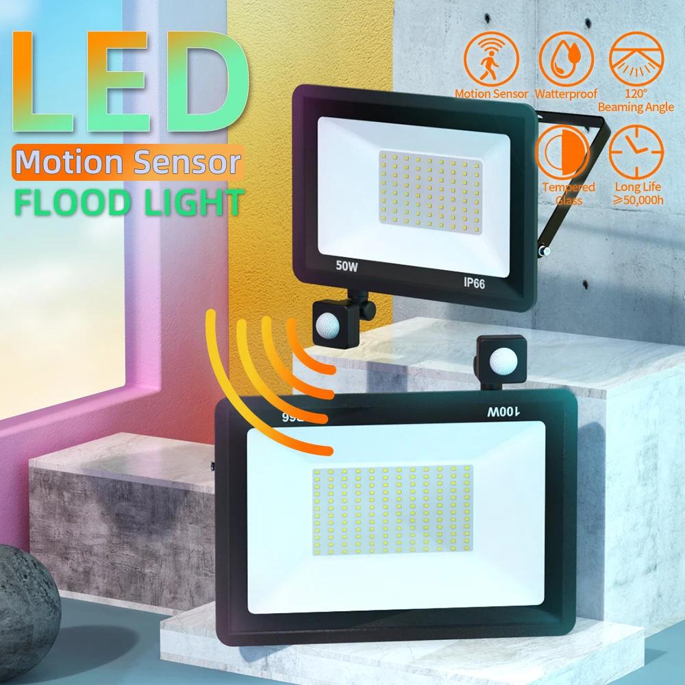 

Floodlight LED Motion Sensor PIR Flood Light 50W 10W 20W 30W 100W 150W Wall Lamp Spotlight Outdoor Waterproof Floodlights Garden