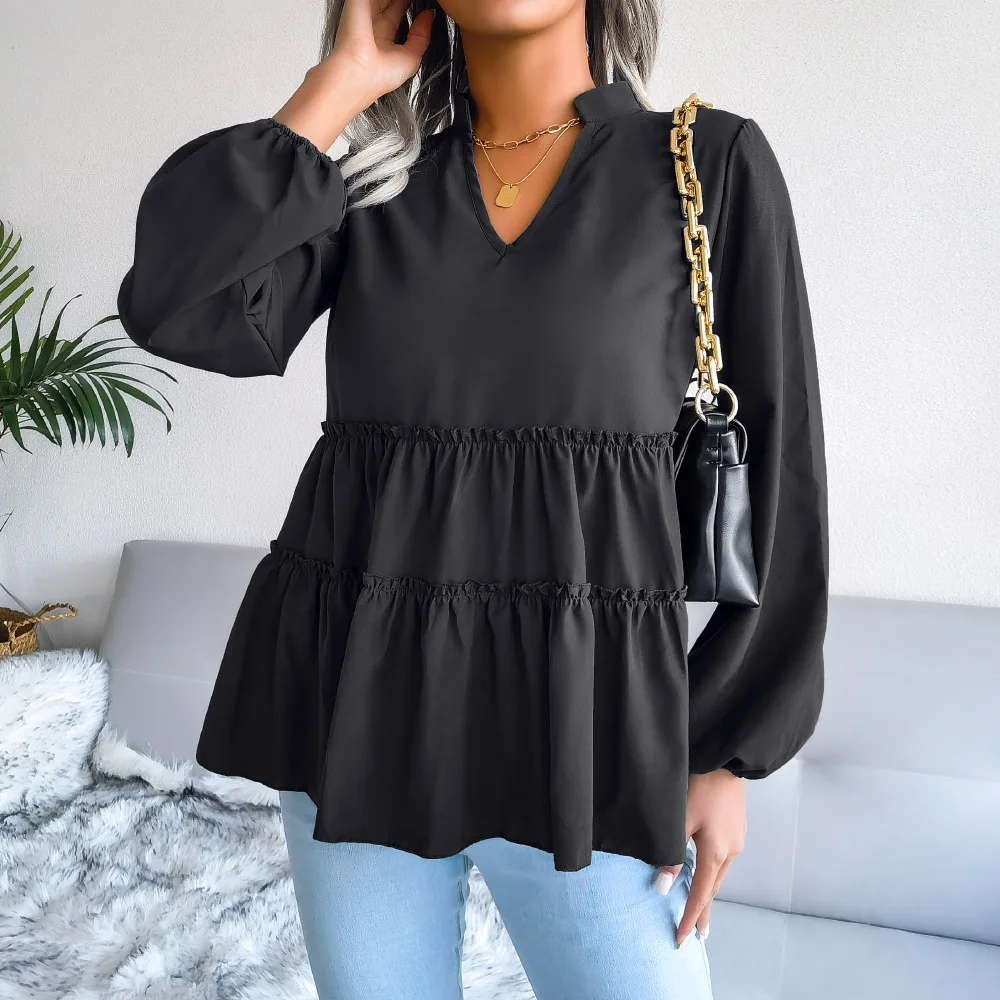 

Elegant Casual Women Blouses Female Streetwear Ruffles Tops Pullover Long Sleeve V Neck Tees Women Sexy Blouses